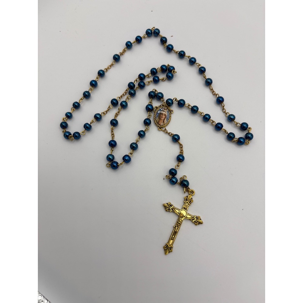 Stella Maris Star of the Sea Rosary Metallic Blue Beads Gold Tone Crucifix